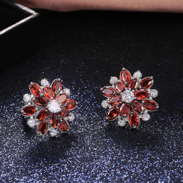 Bloomora – Silver Plated American Diamond Red Flower Studs