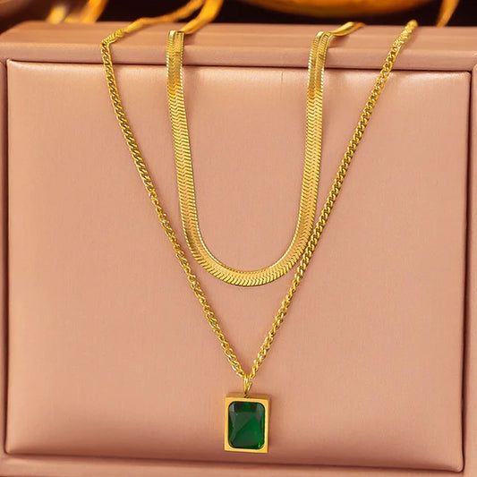 Green Diamond double chain golden Pendant