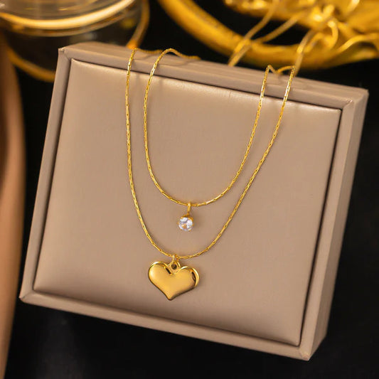 Double chain golden heart and American diamond Pendant