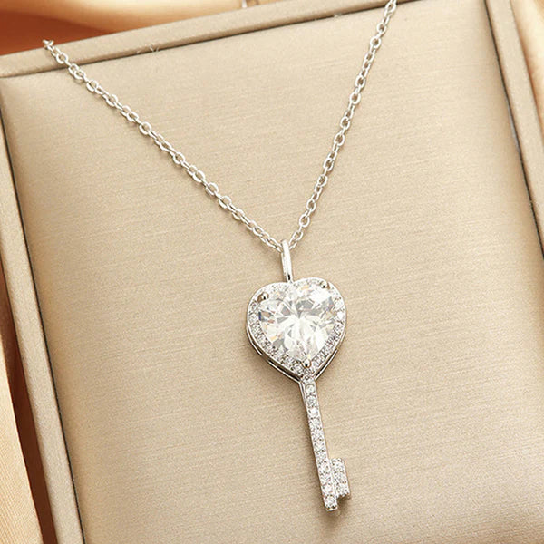 Eternal Key – Silver Plated Anti Tarnish American Diamond Studded Heart Key Pendant