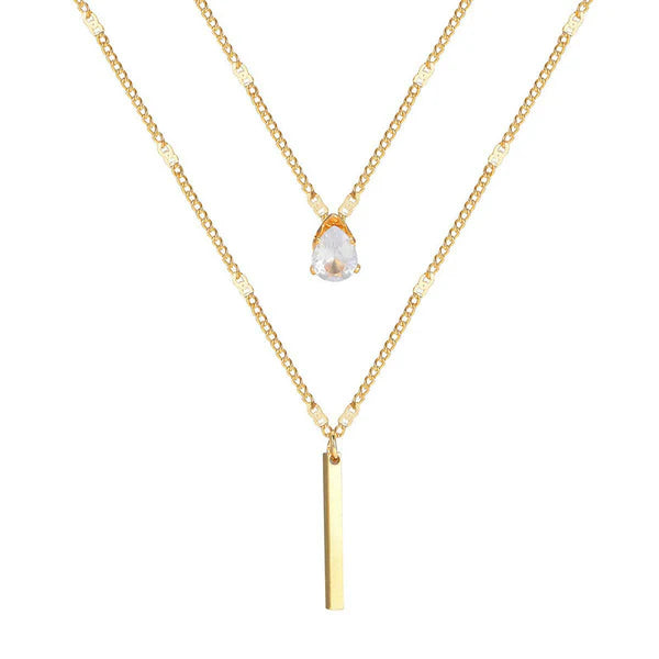 Dual Drop – Gold Plated Stainless Steel Anti Tarnish Tear Drop CZ Dual Strand Pendant