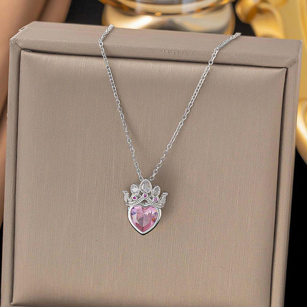 Royal Blush – Silver Plated Anti Tarnish Stainless Steel Heart Themed Pink Crown Pendant