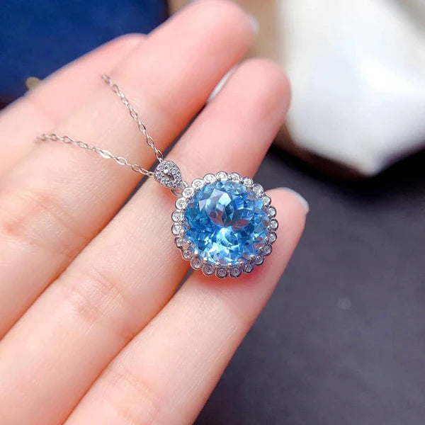 Azure Circle – Silver Plated Anti Tarnish American Diamond Crushed Ice Cut Blue Round Shape Contemporary Pendant