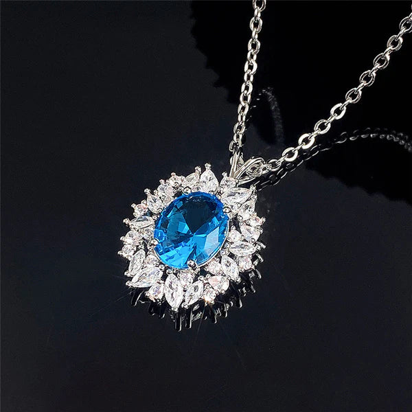 Azure Shine – Silver Plated Anti Tarnish American Diamond Studded Blue Oval Shape Contemporary Pendant