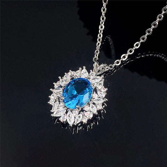 Azure Shine – Silver Plated Anti Tarnish American Diamond Studded Blue Oval Shape Contemporary Pendant