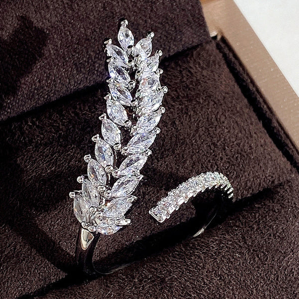 Silver plated  CZ stone-studded leaf adjustable finger ring