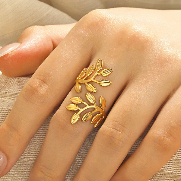 Leaf Glow – Gold Plated Anti Tarnish Stainless Steel Leaf Themed Adjustable Finger Ring