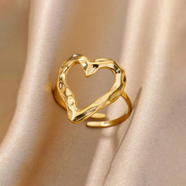 Golden Amour – Gold Plated Anti Tarnish Stainless Steel Heart Themed Adjustable Finger Ring