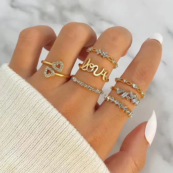 Gold plated stackable rings with American diamond Pack of 7