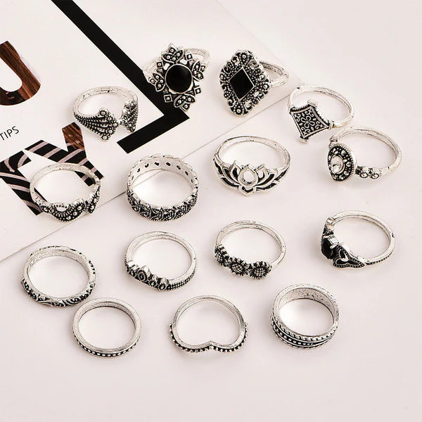 Silver platted black marble multiple rings set of 15