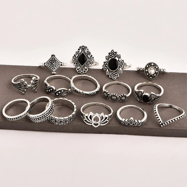 Silver platted black marble multiple rings set of 15