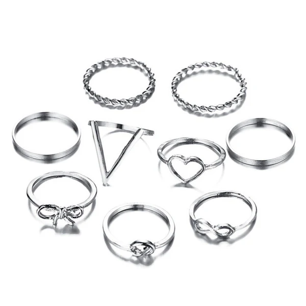 Heart note multi designs silver plated rings set of 9