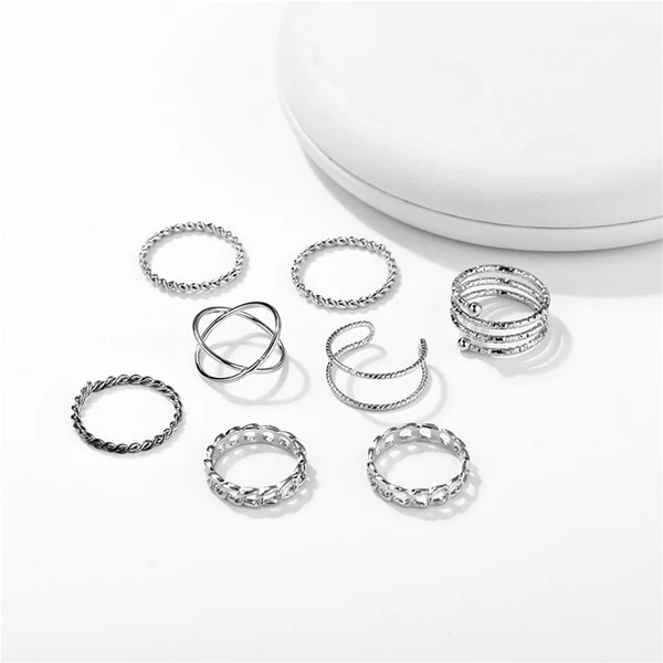 Heart note multi designs silver plated rings set of 9