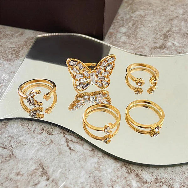 Multiple American diamond golden Rings set of 5