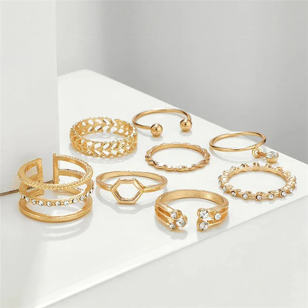 Gold plated toned contemporary stackable rings set of 8