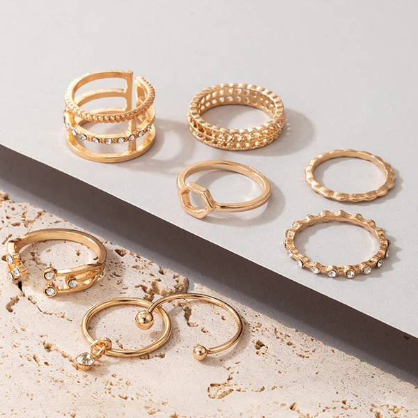 Gold plated toned contemporary stackable rings set of 8