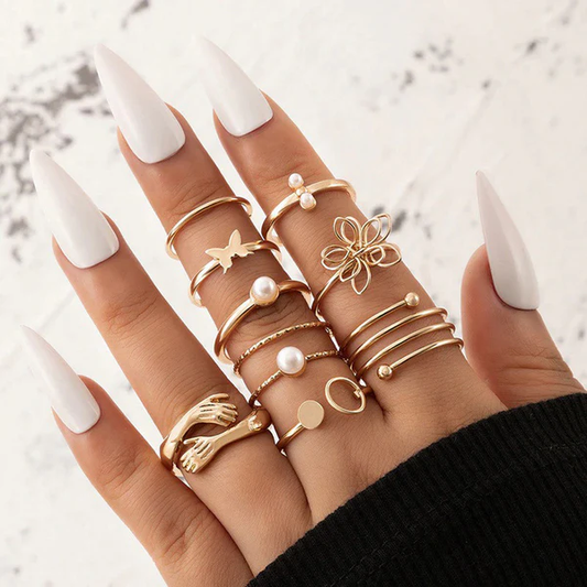 Gold plated adjustable hug-floral finger ring set of 9