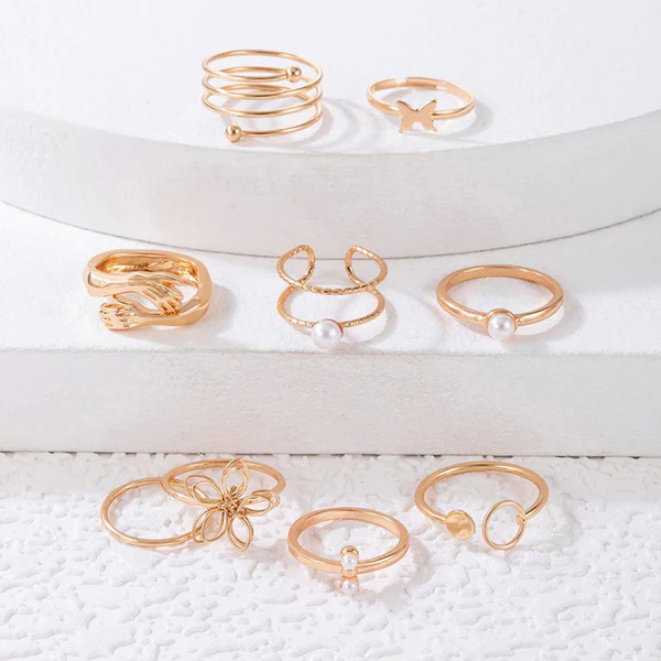 Gold plated adjustable hug-floral finger ring set of 9