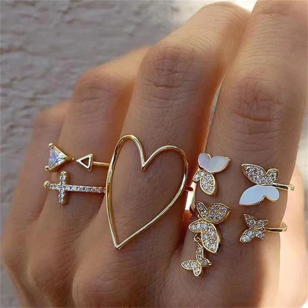Gold plated butterfly-heart stackable rings set of 5