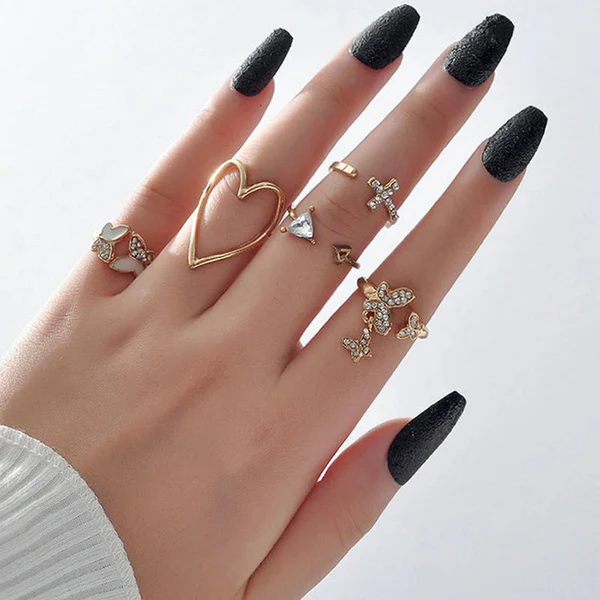 Gold plated butterfly-heart stackable rings set of 5