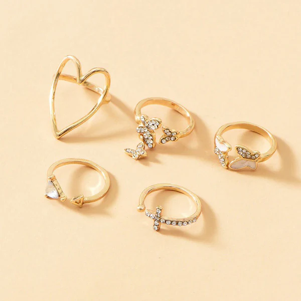 Gold plated butterfly-heart stackable rings set of 5