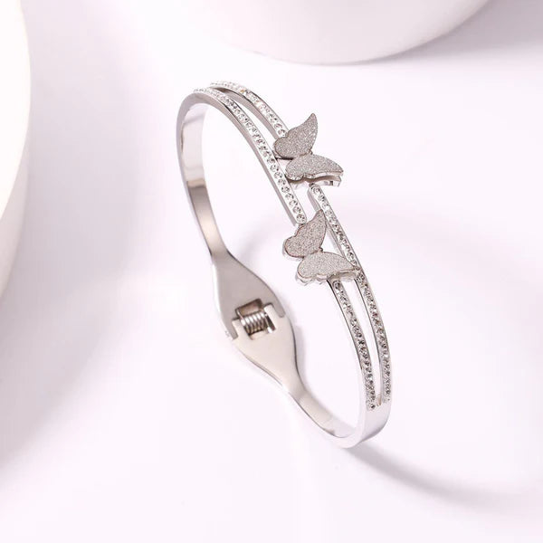 Flutter Glow – Stainless Steel Silver Plated Butterfly Inspired American Diamond Studded Anti Tarnish Bracelet For Women