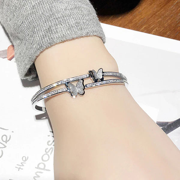 Flutter Glow – Stainless Steel Silver Plated Butterfly Inspired American Diamond Studded Anti Tarnish Bracelet For Women