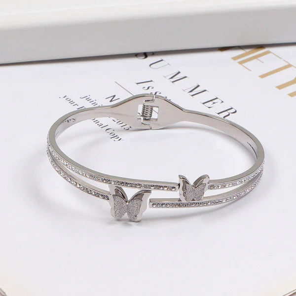 Flutter Glow – Stainless Steel Silver Plated Butterfly Inspired American Diamond Studded Anti Tarnish Bracelet For Women
