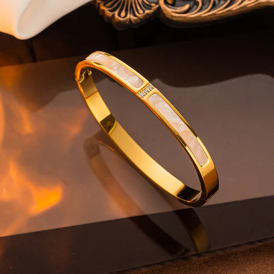 Golden Glair– Stainless Steel Gold Plated Mother of Pearls Contemporary Anti Tarnish Bracelet For Women