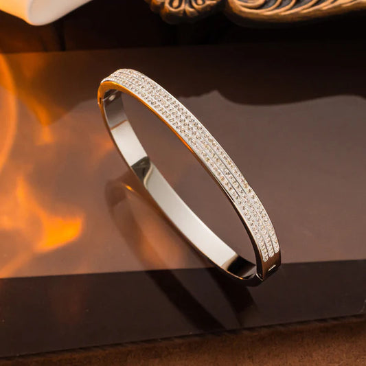 Silver Streak – Stainless Steel Silver Plated Triple Lines American Diamond Contemporary Anti Tarnish Bracelet For Women