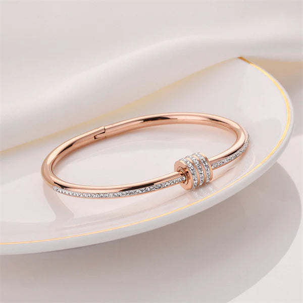 Diamond Blush – Stainless Steel Rose Gold Plated American Diamond Studded Bangle Style Bracelet For Women