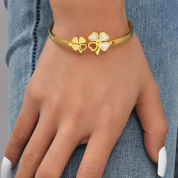 Golden Blossom – Stainless Steel Gold Plated Mother of Pearls Dual Flower Openable Floral Anti Tarnish Bracelet For Women