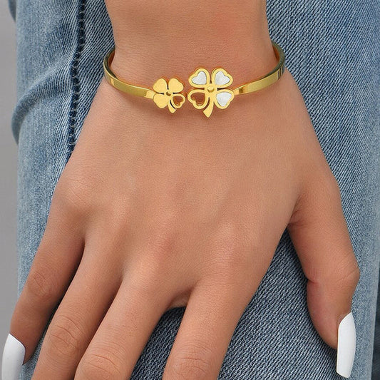 Golden Blossom – Stainless Steel Gold Plated Mother of Pearls Dual Flower Openable Floral Anti Tarnish Bracelet For Women