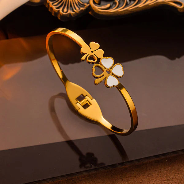 Golden Blossom – Stainless Steel Gold Plated Mother of Pearls Dual Flower Openable Floral Anti Tarnish Bracelet For Women