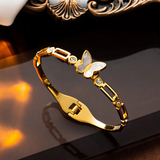Golden Butterfly– Stainless Steel Gold Plated Butterfly Inspired Mother of Pearls Contemporary Anti Tarnish Bracelet For Women