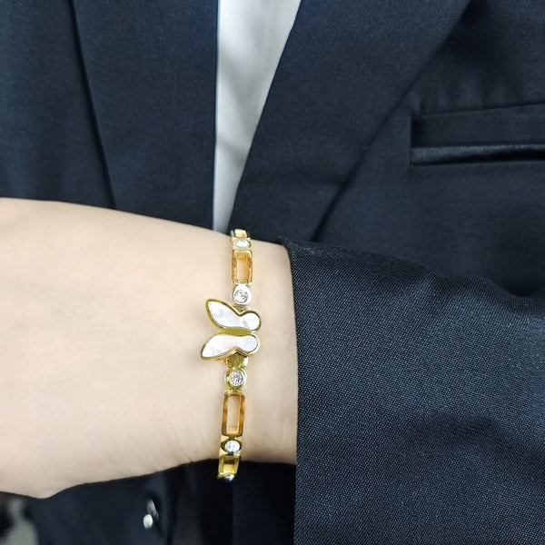Golden Butterfly– Stainless Steel Gold Plated Butterfly Inspired Mother of Pearls Contemporary Anti Tarnish Bracelet For Women