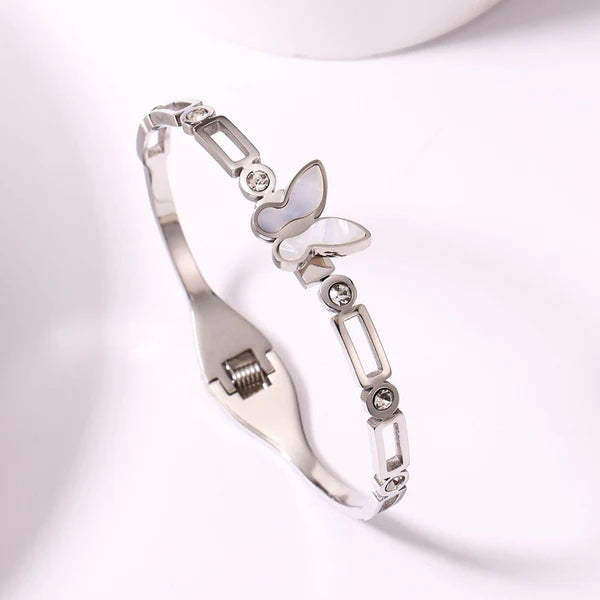 Silver Butterfly – Stainless Steel Silver Plated Butterfly Inspired Mother of Pearls Contemporary Anti Tarnish Bracelet For Women