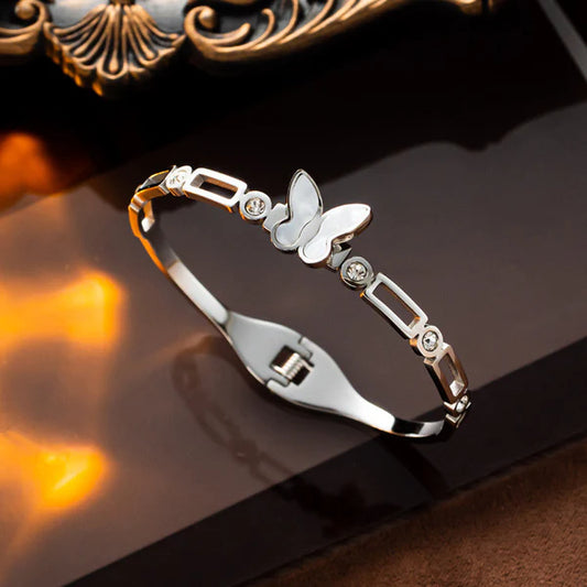 Silver Butterfly – Stainless Steel Silver Plated Butterfly Inspired Mother of Pearls Contemporary Anti Tarnish Bracelet For Women