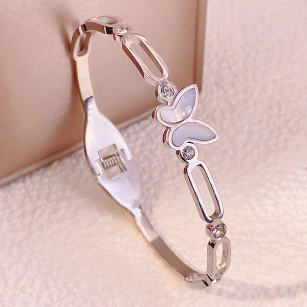 Silver Butterfly – Stainless Steel Silver Plated Butterfly Inspired Mother of Pearls Contemporary Anti Tarnish Bracelet For Women