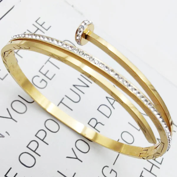 Diamond Clasp – Stainless Steel Gold Plated American Diamond Studded Nail Anti Tarnish Bracelet For Women
