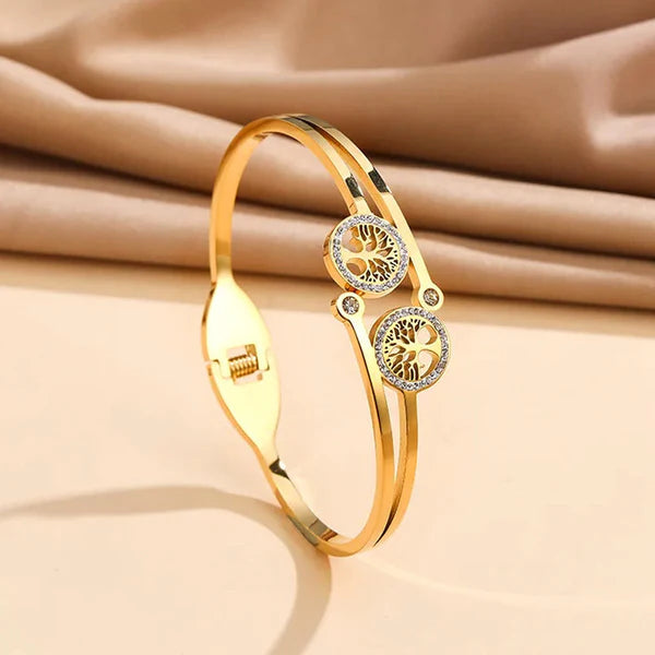 Auric Arbor – Gold Plated Stainless Steel Contemporary Tree Design Anti-Tarnish Bracelet