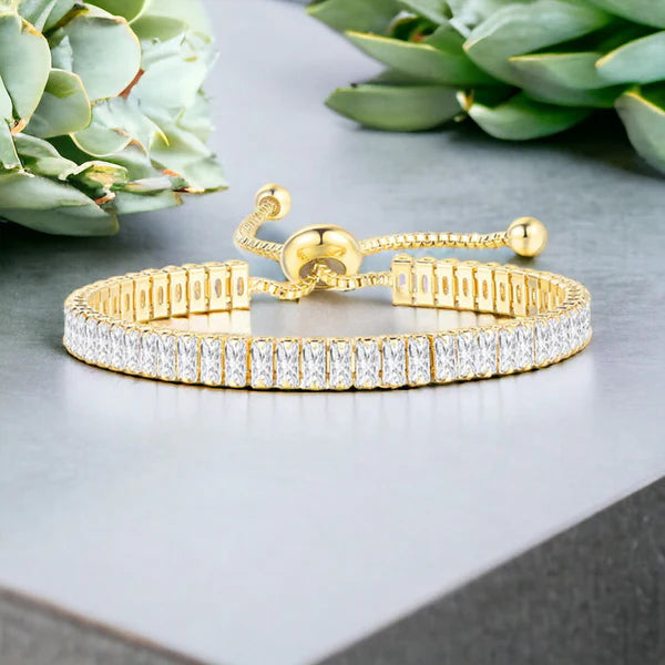 CZ Rectangle – Gold Plated Rectangular Cut Cubic Zirconia White Matrix Tennis Bracelet