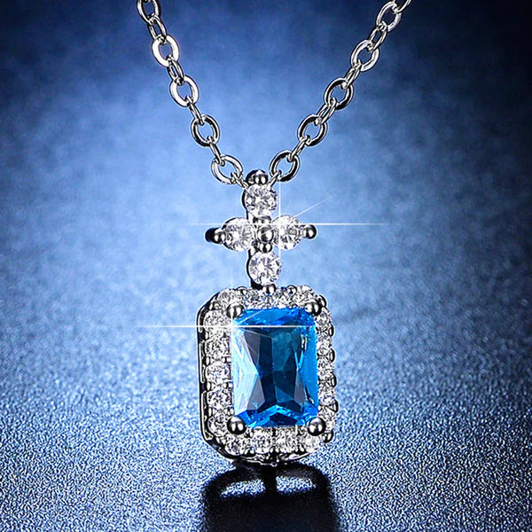 Azure Gleam – Silver Plated Crystal Studded Geometrical Blue Stone Anti Tarnish Solitaire Pendant