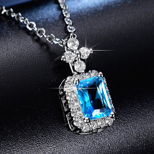 Azure Gleam – Silver Plated Crystal Studded Geometrical Blue Stone Anti Tarnish Solitaire Pendant