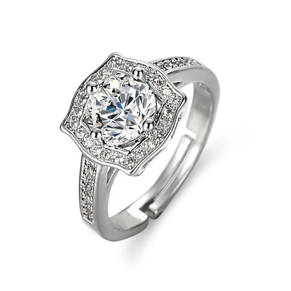 Crystal Peak – Silver Plated Crystal Studded Contemporary Anti Tarnish Solitaire Adjustable Finger Ring