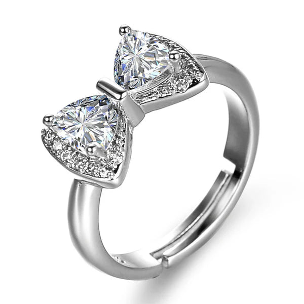 Crystal Ribbon – Silver Plated Crystal Studded Bow Tie inspired Anti Tarnish Contemporary Adjustable Finger Ring