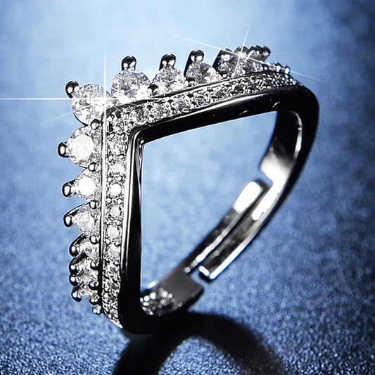 Luxe Vertex – Silver Plated American Diamond Studded V Shape Anti Tarnish Adjustable Finger Ring