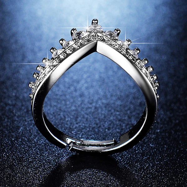 Luxe Vertex – Silver Plated American Diamond Studded V Shape Anti Tarnish Adjustable Finger Ring