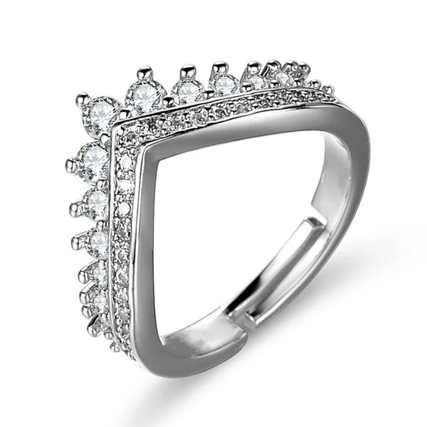 Luxe Vertex – Silver Plated American Diamond Studded V Shape Anti Tarnish Adjustable Finger Ring