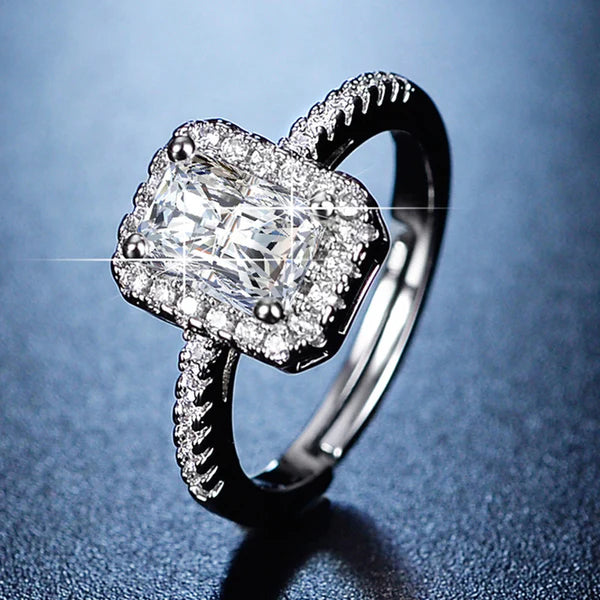 Crystal Frame – Silver Plated American Diamond Studded Rectangular Anti Tarnish Adjustable Finger Ring